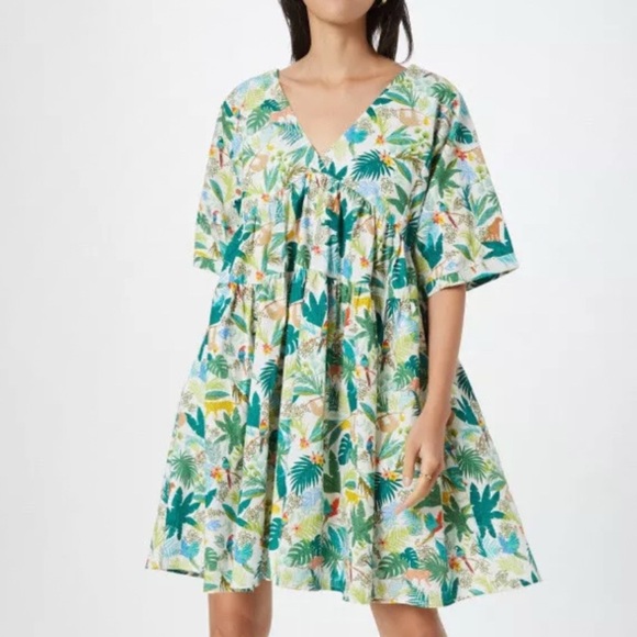 Molly Bracken Jungle Tropical Print Multicolor Cotton Mini Dress Size Medium - Picture 1 of 16